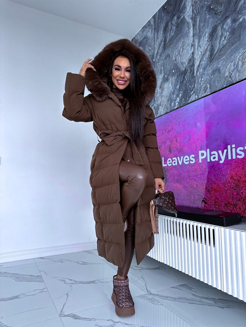 Long WINTER jacket with down hood - chocolate brown PRE-ORDER